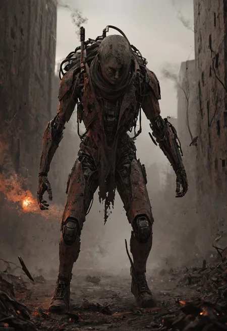 a combat cyborg, battle damaged, looking at the sunset over a faraway distopian city, smoke rising high on the horizon, colorful, muted rusted eroded paint,