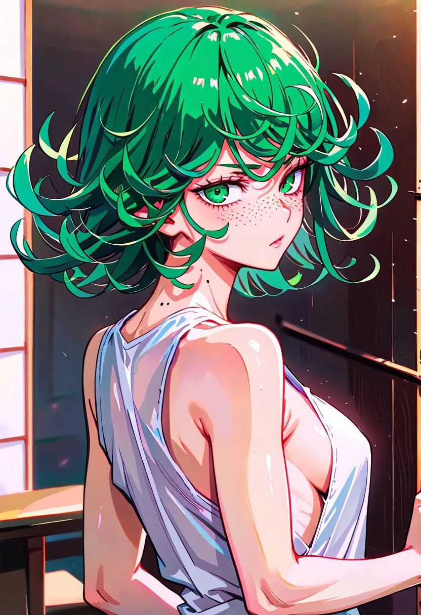 LOVELYWAIFU_ST, NTLANM_STL, detailed background,
a very busty, woman looks directly at the camera while wearing a white sleeveless one piece, 1girl, breasts, green eyes, mole, green hair, solo, looking at viewer, Beautiful girl, freckles, mole on neck, sideboob, tatsumaki