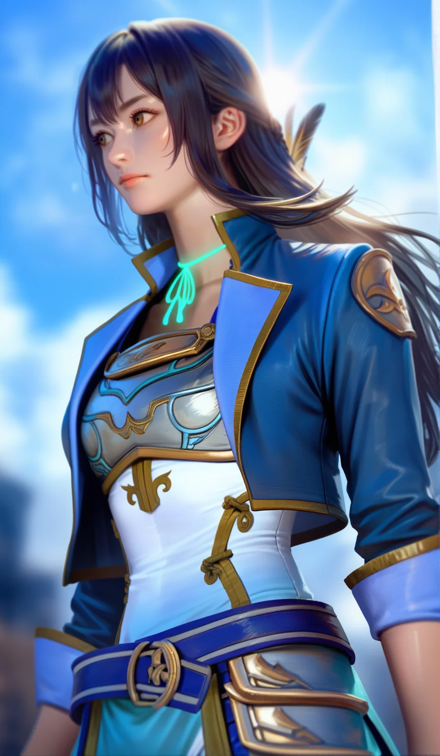 score_9,score_8_up,score_7_up,
<lora:xinxianying:0.9>,xinxianying,
highres,photorealism,bloom,
1girl,solo,long black hair,bangs,yellow eyes,looking to the side,blue short jacket,silver chest armor,metal shoulder guard,white and cyan dudou,blue belt,brown belt,blue and cyan overskirt,rope choker,upper body,from below,white background,backlighting,
blurry background,
outdoors,
blue sky,cloud,feathers in the background,
light particlest,Lens Flare,