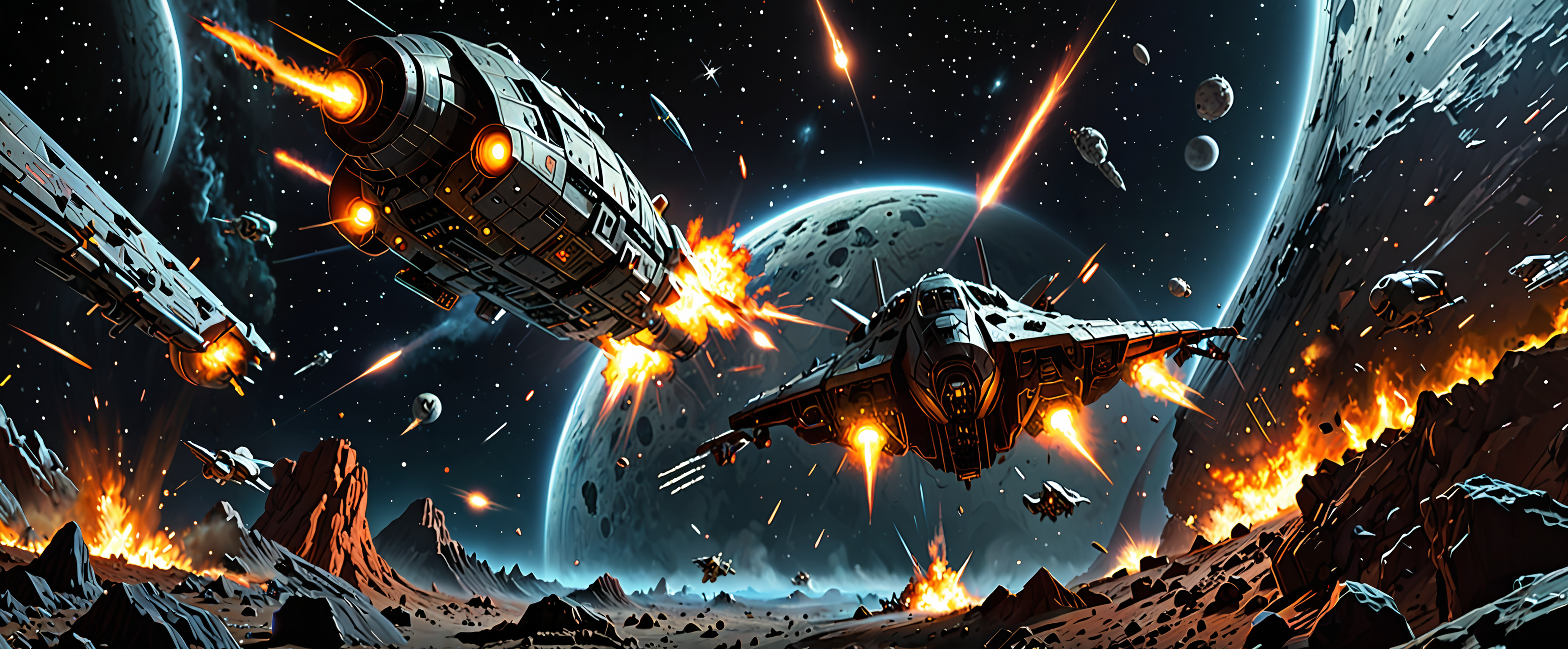 pulp fiction illustration of an epic space battle with spaceship in deep space   <lora:add-detail-xl:1>  masterpiece, 8k, illustration, cinematic lighting, epic,