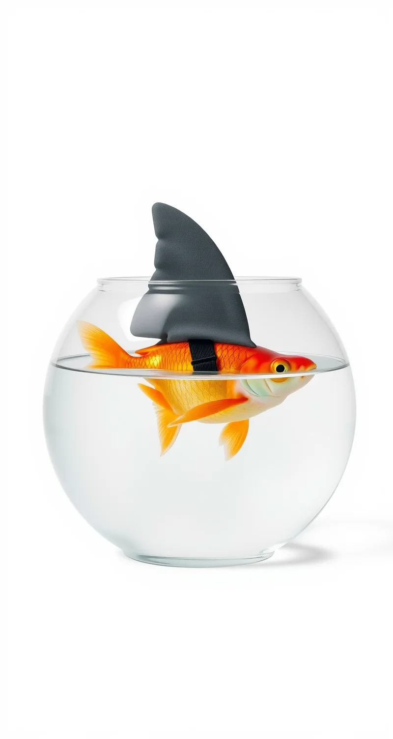A centered photograph depicts a clear glass fishbowl filled with water, containing a bright orange goldfish. The goldfish is positioned centrally within the bowl, swimming towards the right side of the frame. The fish has a shiny golden-orange coloration with a darker orange hue on its fins and tail, and an oversized, dark gray shark fin is partially submerged in the water, emerging from just above the surface. This fin creates a humorous and playful visual effect, giving the impression of a shark lurking behind the goldfish. The fin appears to be attached to the goldfish with a black strap around its body, featuring a small buckle in the middle. The fish has an alert eye and a distinctive orange-red iris, contrasting with its metallic sheen. The glass bowl has a smooth, rounded shape with a domed appearance, and its transparency allows a full view of the contents. The water is clear, allowing the goldfish and shark fin to be clearly visible. The background is plain and light gray, providing a neutral backdrop that highlights the main subject. The lighting is soft, even, and natural, illuminating the scene without harsh shadows and enhancing the vivid colors of the goldfish. The overall composition is simple and centered, creating a humorous and intriguing visual effect that juxtaposes the typically harmless goldfish with the imposing shark fin.