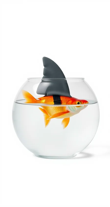 A centered photograph depicts a clear glass fishbowl filled with water, containing a bright orange goldfish. The goldfish is positioned centrally within the bowl, swimming towards the right side of the frame. The fish has a shiny golden-orange coloration with a darker orange hue on its fins and tail, and an oversized, dark gray shark fin is partially submerged in the water, emerging from just above the surface. This fin creates a humorous and playful visual effect, giving the impression of a shark lurking behind the goldfish. The fin appears to be attached to the goldfish with a black strap around its body, featuring a small buckle in the middle. The fish has an alert eye and a distinctive orange-red iris, contrasting with its metallic sheen. The glass bowl has a smooth, rounded shape with a domed appearance, and its transparency allows a full view of the contents. The water is clear, allowing the goldfish and shark fin to be clearly visible. The background is plain and light gray, providing a neutral backdrop that highlights the main subject. The lighting is soft, even, and natural, illuminating the scene without harsh shadows and enhancing the vivid colors of the goldfish. The overall composition is simple and centered, creating a humorous and intriguing visual effect that juxtaposes the typically harmless goldfish with the imposing shark fin.