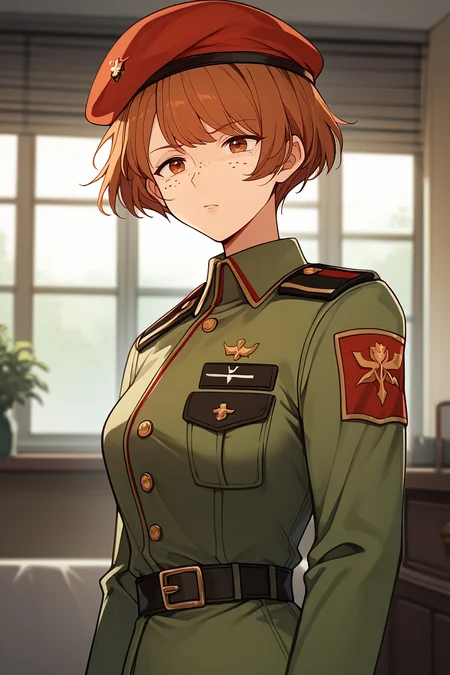 score_9, score_8_up, score_7_up, BREAK 1girl, solo, <lora:NSDorothyFE6:1> NSDorothyFE6, freckles, brown hair, short hair, brown eyes, military uniform, red beret, indoors