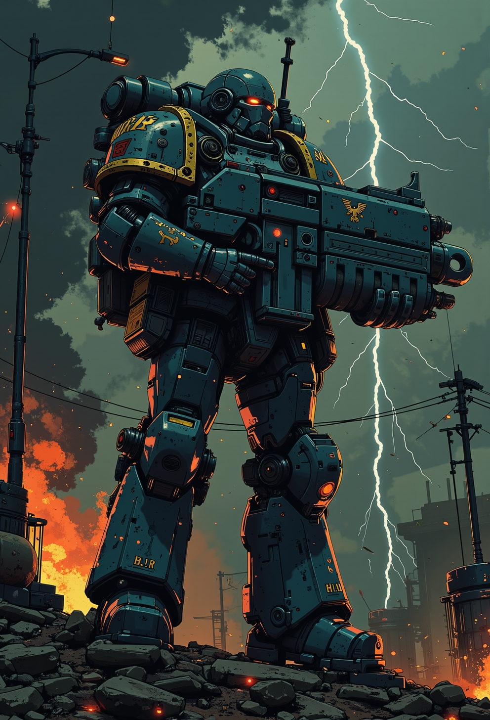 <lora:ck-nc-pastel-cyberpunk:0.9>, A digital artwork in the style of cknc, In a dark, war-torn battlefield illuminated by flashes of lightning and the glow of smoldering fires, a towering Space Marine stands amidst the carnage, gripping a Mad-GDWN-BLTR. The bolter is sleek yet brutal, its boxy form marked with scratches, burn marks, and the blood of fallen foes. The Marine’s armor, a deep, worn cerulean with patches of grime and soot, shows symbols of purity seals and battle honors. The Mad-GDWN-BLTR, adorned with small gold inlays and etched with symbols of loyalty, gleams as the Marine steadies it, staring down the sight at a horde of encroaching chaos mutants. Lightning crackles above, casting sharp shadows that dance across his helmeted face. The scene captures raw determination and power, as if time itself has slowed to highlight the destructive precision of this revered weapon.
<lora:Luminous_Shadowscape:0.5> <lora:Bolter_Godwyn_FLUX:0.9>
