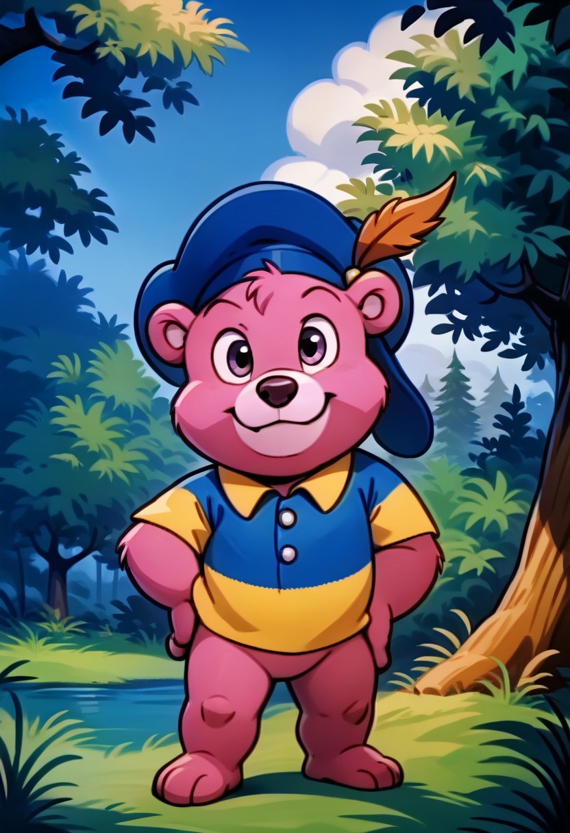 score_9, score_8_up, score_7_up, score_6_up, best quality, source_anime, (cute), solo, 1boy, male, Cubbi Gummi, shortstack, looking at viewer, love, cartoon bear, standing, hand on hip, bottomless, shirt, furry, featureless chest, featureless crotch, exterior, forest, smile, waving, full body, hat, blue headwear, hat feather, red and yellow striped shirt,