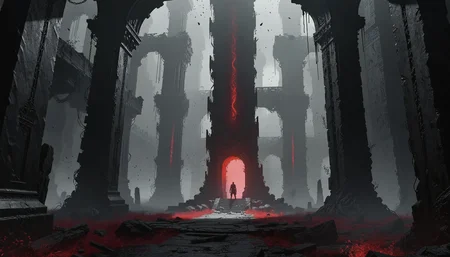An edgy fantasy design showcasing a gigantic monolith towering the scene. The curious structure has an absolute black surface seemingly not reflecting any light, remaining completely matte and without volume, appearing to consume all light around it, like a black hole. Set within a derelict tomb of unknown origins with intricate pillars circling the central monolith. The scene is enshrouded in a dense mist, giving off a subtle glow, enhancing the eerie ambience. A sense of wonder is lingering in the air. The design's style is highly contrasted, using a dark background, desaturated elements and dominant silhouettes; eyecandy. The color scheme is predominantly black and white, contrasted by red-pink highlights. <lora:dmd2_sdxl_4step_lora>
