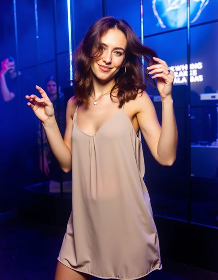 ultra detailed, ultra quality, ultra quality, a beautiful young women in a champagne-colored slip dresses, swaying to the last song of the night, bathed in the soft blue and purple hues of the clubâs closing lights. Her loose, tousled waves frame her face, catching the remnants of disco ball reflections as they smiles, lost in the moment. Captured in a nostalgic film-style medium shot with a Kodak Portra 400 effect, evoking a dreamy, sentimental mood as the night comes to an end <lora:lora:1> p4rt1gs
