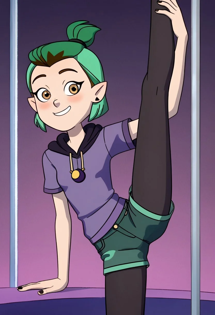 score_9,score_8_up,score_7_up, TDPStyle, disney the owl house Amity Blight, sexy attire, 1 girl, green hair, medium hair, half updo happy face, blush, small breast , Expressiveh, hoodie, short sleeves, hood down, purple shirt, white shirt, denim shorts, leggings under shorts, black leggings, sly smile, eyes half open, cowboy shot, looking at viewer, stripper, stripper pole, pole dancing, standing on one leg,standing split,leg hold,leg lift,