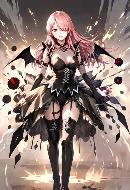 score_9, score_8_up, score_7_up, score_9, score_8_up, score_7_up, HD32K, 8K, absurdres, detailed anime image, detailed face, face in sharp focus, perfect hands, detailed hair texture, detailed eyes, BREAK
portrait of beautiful oriental girl, pink hair, parted bangs, hair over right eye, red eye, long hair, side bangs, black choker, black corset, black body stocking top, black low mini demon wings, black thigh high socks, black long boots, black front open skirt, zettai ryouiki, parted lips, aroused, upper body shot, BREAK,
monochromemuse, monochrome, greyscale, ink splatter