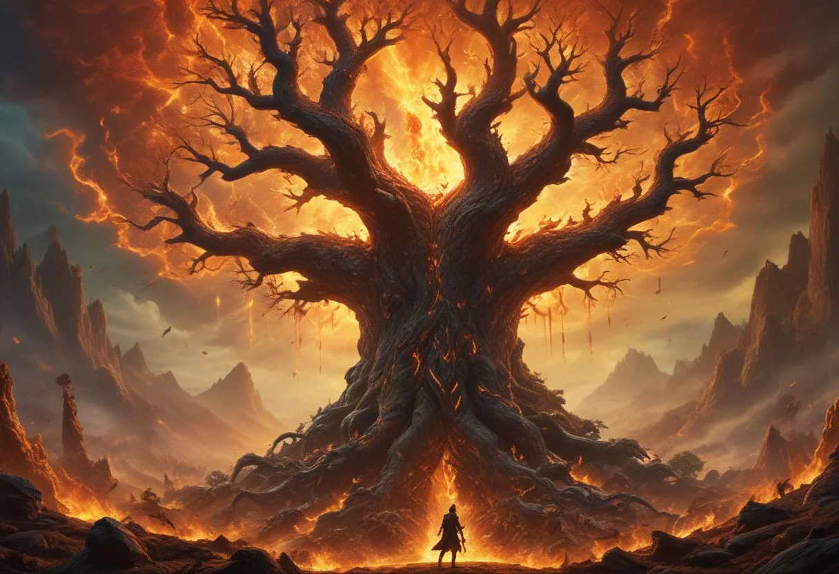 Masterpiece, 8k, sharp image, highest-quality, intricate details, wide view, epic proportions, ethereal, epic picture of the earthtree, surrounded by fire, battle of the elements, highly detailed, colorful, micro-details, sharp edges, detailed textures, wide angle, cinematic view, full view, atmospheric lighting, visually stunning, high contrast, fantasy, high fantasy, battle of the gods,style-sylvamagic