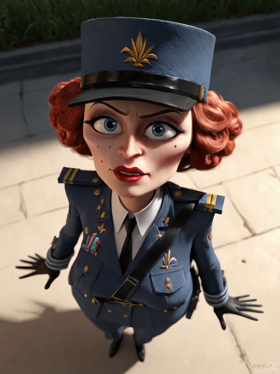 score_9, score_8_up, score_7_up,  score_6_up, BREAK, Ch4nt3lDuB0is, 1girl, solo, blue eyes, red hair, red lips, blue uniform, blue headwear, black gloves, full body <lora:Chantel_DuBois-000008:0.8>