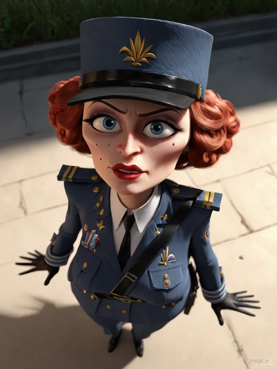 score_9, score_8_up, score_7_up, score_6_up, BREAK, Ch4nt3lDuB0is, 1girl, solo, blue eyes, red hair, red lips, blue uniform, blue headwear, black gloves, full body <lora:Chantel_DuBois-000008:0.8>