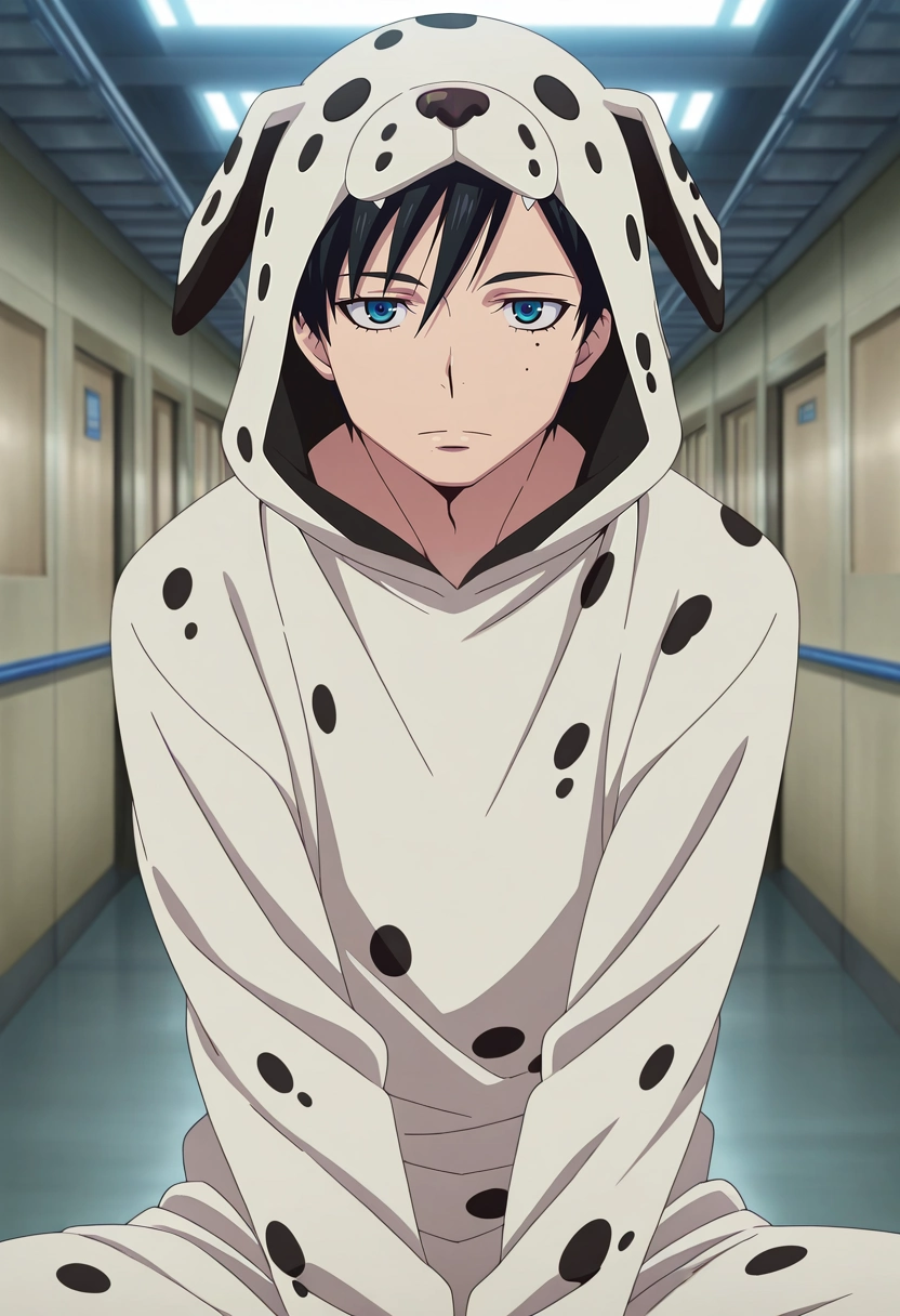 masterpiece, best quality, intricate details, anime screencap, anime coloring, official style, looking at viewer, 1boy, solo, male focus, <lora:yukio_okumura_ilxl:0.96>, yukio_okumura, black hair, blue eyes, mole, mole under eye, , asymmetrical, highway, indoors, v arms, expressionless, dalmatian costume