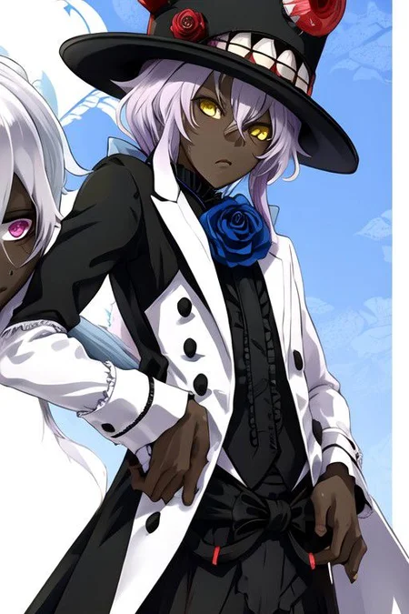 shiromi, hat, dark skin, yellow eyes, heterochromia, white hair, flower, long hair, blue flower, multicolored hair, black hair, top hat, blue rose, rose, 1boy, black headwear, dark-skinned male, formal, purple eyes, black sclera, cracked face, colored sclera