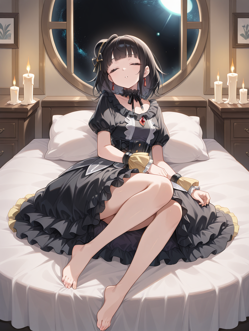 blunt bangs,moon of the closed heaven,1girl,solo,candle,black knee boots,looking at viewer,space,indoors,black frilled choker,red earrings,black mini hat,black princess dress,yellow wrist cuffs,barefoot,solar eclipse,sleeping,on on bed,
masterpiece,best quality,amazing quality,very aesthetic,apussbsurdres,newest,<lora:Moon of the Closed Heaven illuXL v1.1:0.76>,