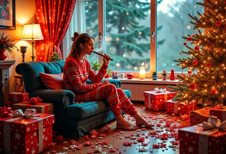 masterpiece, highest quality, (futuristic christmas living room:1.5), (Lisa:1.4) in a cozy (Christmas sweater:1.2) and (pajama pants:1.2), looking exhausted, (smoking a cigar:1.3), surrounded by (exploded presents:1.3) with wires and tech gadgets, scattered wrapping paper, (dynamic lighting:1.1), sleek furniture, vibrant colors, intricate details, cozy yet chaotic atmosphere, by Edward Hopper, cinematic composition, trending on ArtStation