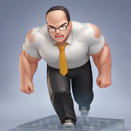 score_9, score_8_up, score_7_up, faux figurine, nendoroid, full body, figure, platform, solo, <lora:Nendoroid_pdxl_Incrs_v1:1>, <lora:SenatorArmstrongPDXL_V1-Manityro-CAME:0.8> SenArmStrong, grey eyes, black hair, buzz cut, glasses, manly, muscular male, white shirt, torn clothing, torn shirt, yellow necktie, black pants, running, running towards viewer, front view, leaning forward, veins, open mouth, angry,