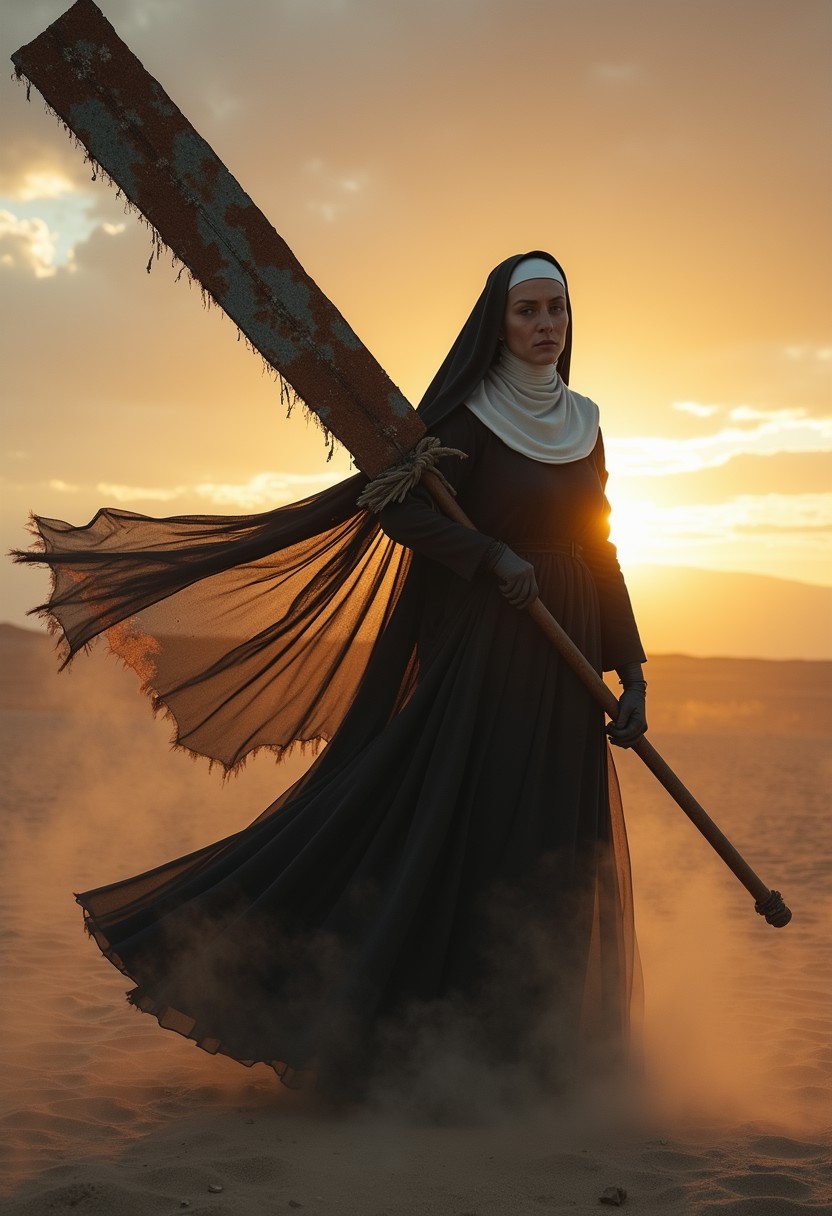 A powerful nun wielding a massive, old, and rusty sword resembling the iconic one from Final Fantasy. The scene is set during an eerie sundawn, where swirling dust and wind cause her translucent nun's habit to billow dramatically. The setting evokes a sense of mystique and tension. The nun stands tall, the rusted sword adding a gritty, ominous vibe. The sun's orange and gray hues blend into the sky as her tattered habit flutters. The atmosphere is cinematic, with hyper-realistic detail, soft shadows, and an intense, otherworldly mood in a desolate desert landscape.