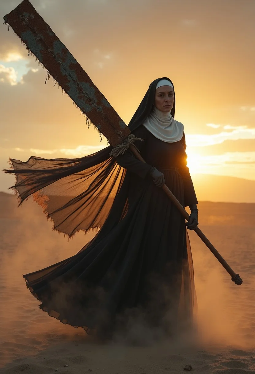 A powerful nun wielding a massive, old, and rusty sword resembling the iconic one from Final Fantasy. The scene is set during an eerie sundawn, where swirling dust and wind cause her translucent nun's habit to billow dramatically. The setting evokes a sense of mystique and tension. The nun stands tall, the rusted sword adding a gritty, ominous vibe. The sun's orange and gray hues blend into the sky as her tattered habit flutters. The atmosphere is cinematic, with hyper-realistic detail, soft shadows, and an intense, otherworldly mood in a desolate desert landscape.