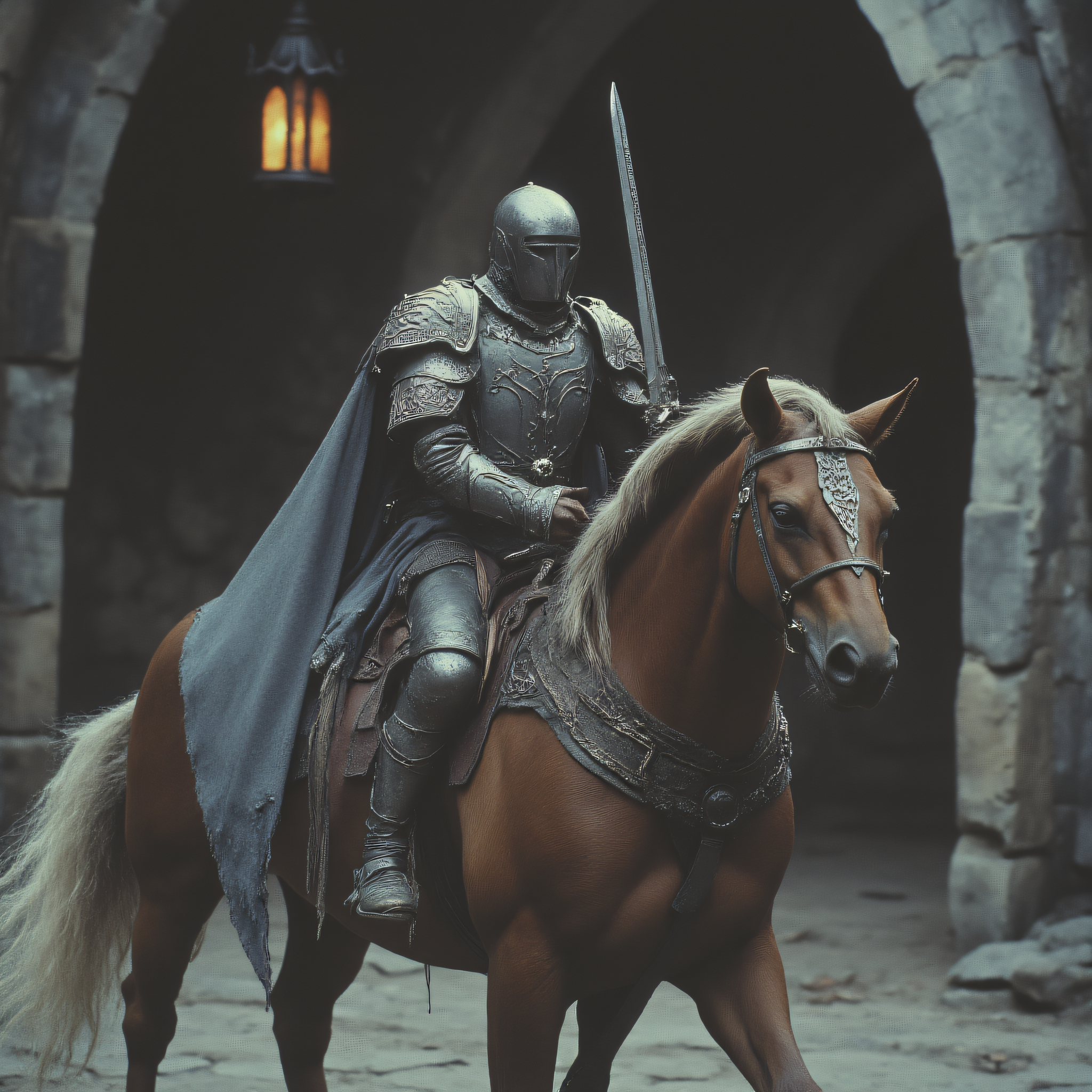 ArsMovieStill, 80s Fantasy Movie Still, The image shows a knight on horseback in a medieval setting. The knight is wearing a full suit of armor with intricate designs and patterns. He is holding a sword in his right hand and a shield in his left hand. The horse is a dark brown color with a white mane and tail. The background is a stone archway with a lamp hanging from it. The overall mood of the image is dark and ominous., armor, ambiguous gender, horse, helmet, 1other, weapon, breastplate, blurry, cape, sword