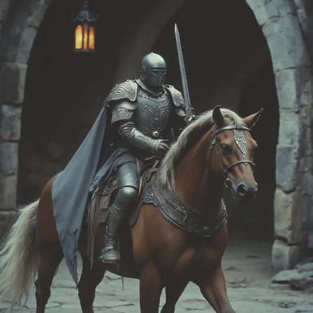 ArsMovieStill, 80s Fantasy Movie Still, The image shows a knight on horseback in a medieval setting. The knight is wearing a full suit of armor with intricate designs and patterns. He is holding a sword in his right hand and a shield in his left hand. The horse is a dark brown color with a white mane and tail. The background is a stone archway with a lamp hanging from it. The overall mood of the image is dark and ominous., armor, ambiguous gender, horse, helmet, 1other, weapon, breastplate, blurry, cape, sword