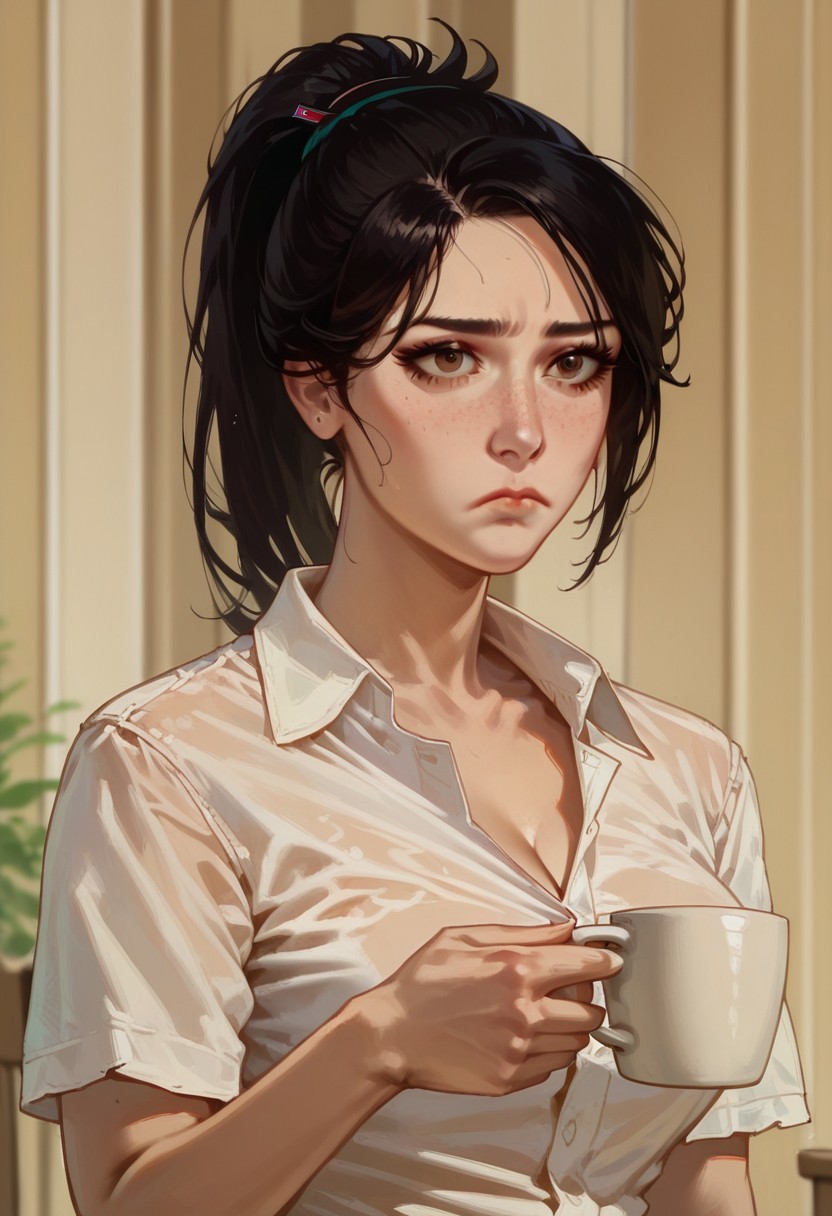 score_9, score_8_up,score_7_up, score_6_up, score_5_up, score_4_up,
BREAK, 1girl, taki_sc6, brown eyes, light skin, black hair, ponytail,
BREAK, white tee shirt,
BREAK, aesthetic, wallpaper, high quality, gwentstyle, realistic, 
shinji holding a mug, holding, cup, frown, holding cup, mug, indoors, solo,