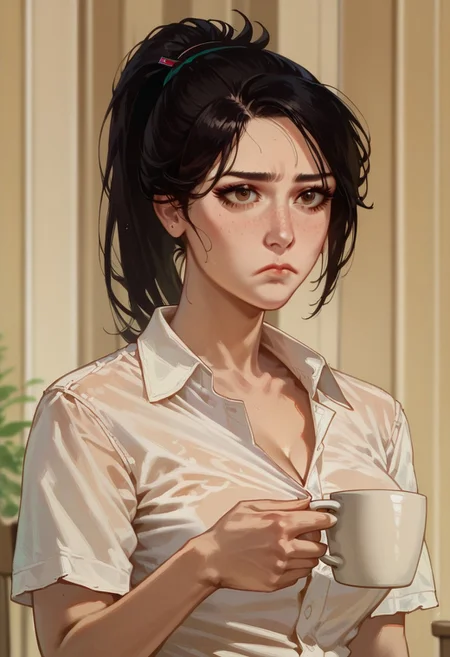 score_9, score_8_up,score_7_up, score_6_up, score_5_up, score_4_up,
BREAK, 1girl, taki_sc6, brown eyes, light skin, black hair, ponytail,
BREAK, white tee shirt,
BREAK, aesthetic, wallpaper, high quality, gwentstyle, realistic,
shinji holding a mug, holding, cup, frown, holding cup, mug, indoors, solo,