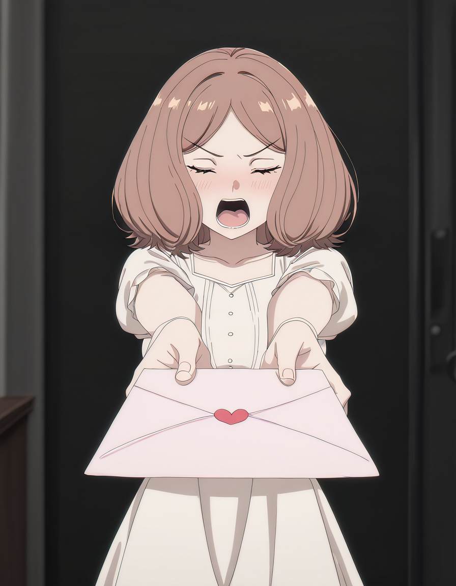 masterpiece, best quality, newest, absurdres, highres, safe,, <lora:mage-edel-s1-illustriousxl-lora-nochekaiser:1>, edel, brown hair, brown eyes, medium hair, medium breasts, anime screencap, <lora:love-letter-ponyxl-lora-nochekaiser:1>, love letter, heart, valentine, letter, confession, incoming gift, outstretched arms, closed eyes, shouting,, , cowboy shot, solo