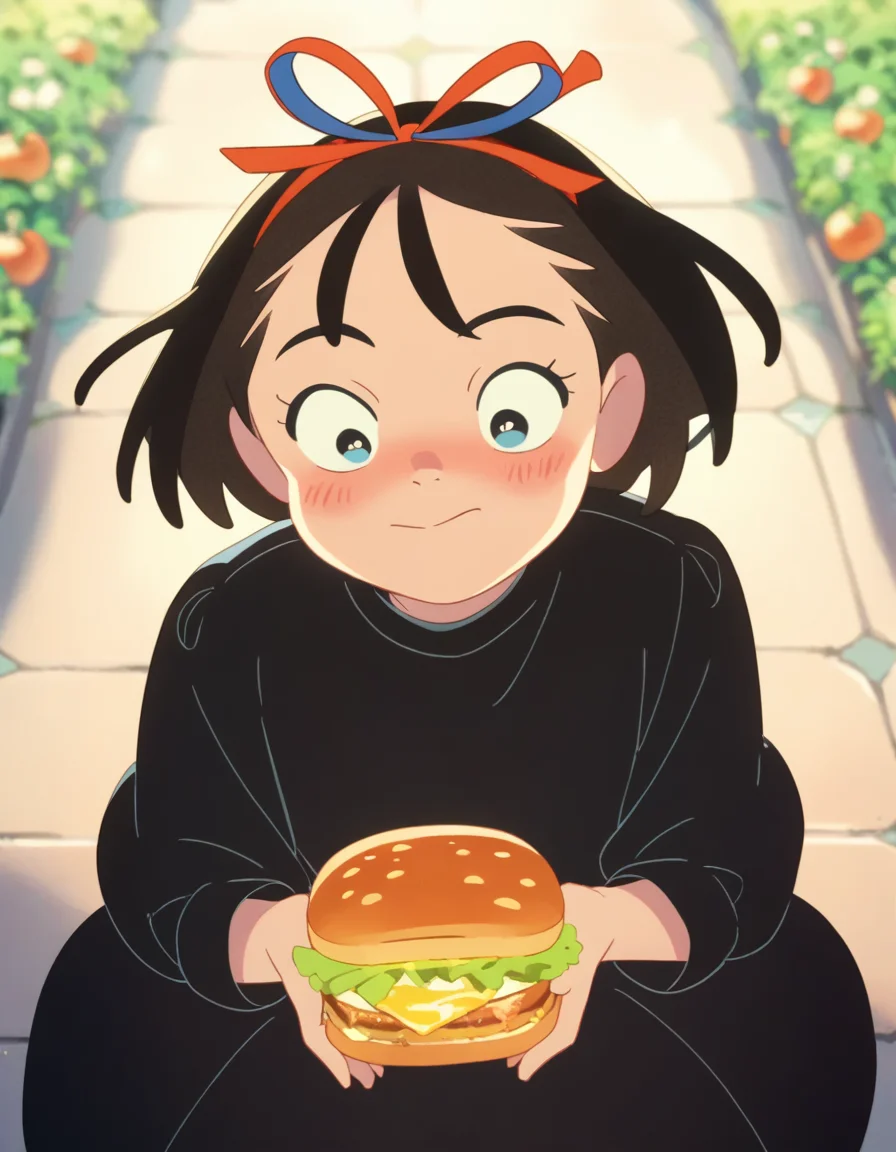 score_9,  score_8_up, score_7_up, source_anime, <lora:kikimac-ponyxl-000009:0.9> 1girl, solo, kikimac, hair ribbon, black dress, dress,
blush, holding food, tomato, lettuce, sandwich