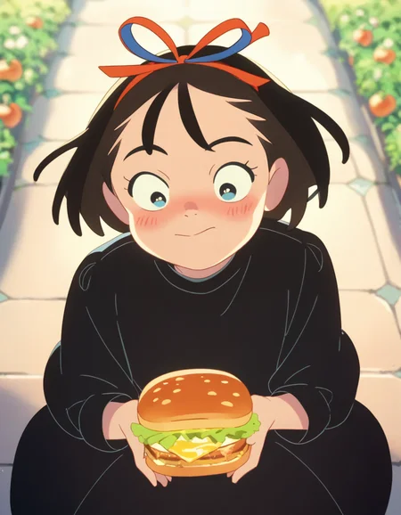 score_9,  score_8_up, score_7_up, source_anime, <lora:kikimac-ponyxl-000009:0.9> 1girl, solo, kikimac, hair ribbon, black dress, dress,
blush, holding food, tomato, lettuce, sandwich