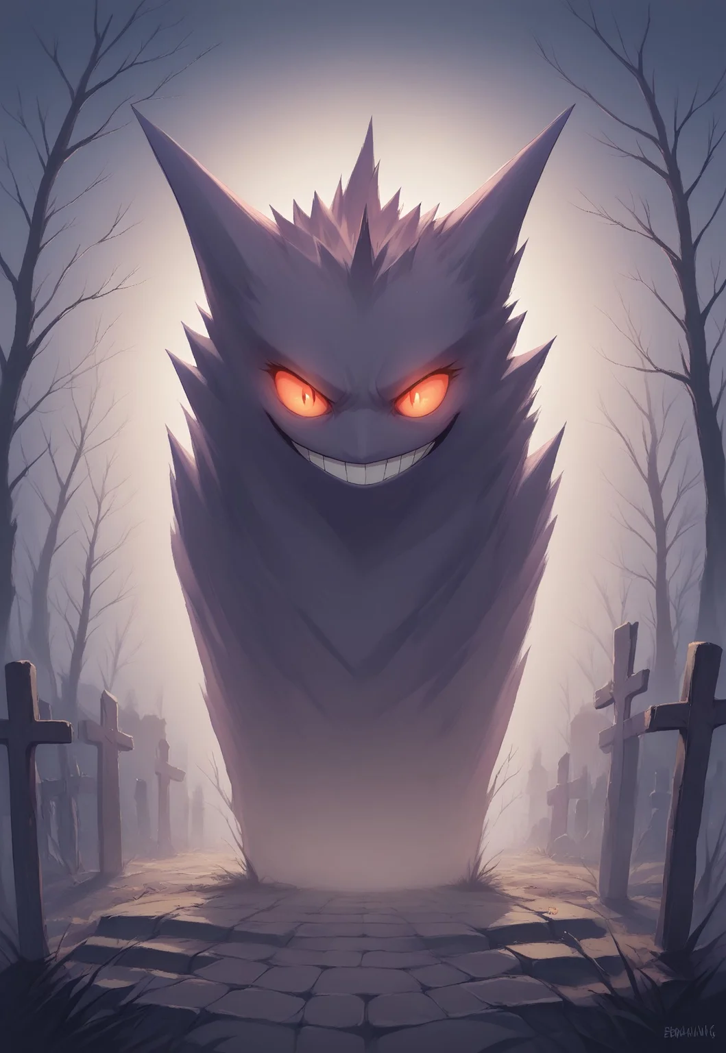 masterpiece, score_9, score_8_up, score_7_up, EasyNegative_v2, dark magic, witchcraft, eerie atmosphere, glowing eyes, graveyard, fog, mist, twisted trees, magical aura, night scene, glowing plants, mysterious, eerie lighting, ancient, powerful presence,
gengar, gengar lurking in the dark,evil smile,vivid colors,
cowboy shot, smile, no humans, pokemon \(creature\),