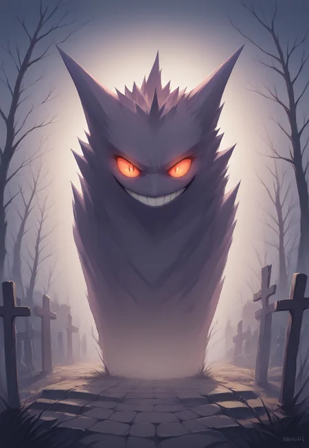 masterpiece, score_9, score_8_up, score_7_up, EasyNegative_v2, dark magic, witchcraft, eerie atmosphere, glowing eyes, graveyard, fog, mist, twisted trees, magical aura, night scene, glowing plants, mysterious, eerie lighting, ancient, powerful presence,
gengar, gengar lurking in the dark,evil smile,vivid colors,
cowboy shot, smile, no humans, pokemon \(creature\),