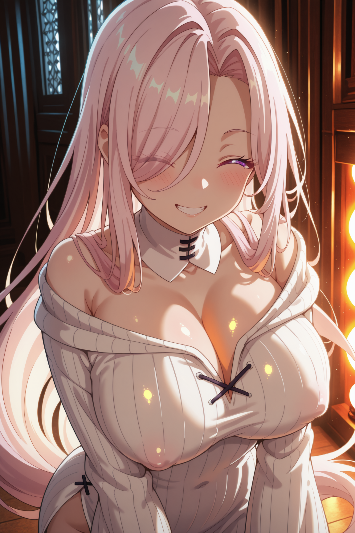 talia, very_long_hair, pink_hair, hair_over_one_eye, purple_eyes, blush, detached_collar, large_breasts, bandages, cleavage, white_dress, off_shoulder, long_sleeves, side_slit