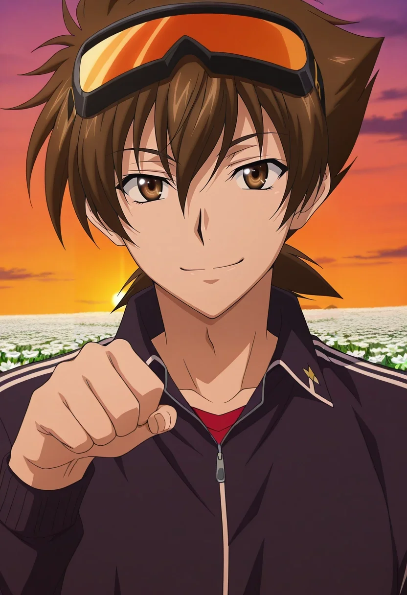 masterpiece, best quality, intricate details, anime screencap, anime coloring, official style, looking at viewer, 1boy, solo, male focus, <lora:issei_hyoudou_ilxl:0.9>, issei_hyoudou, brown hair, brown eyes, hair between eyes, short hair, , close-up, flower field, flowers, dusk, paw pose, seductive smile, Track pants with side stripes, Western shirt, , , Ski Goggles