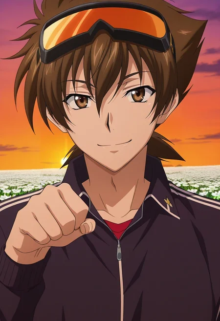 masterpiece, best quality, intricate details, anime screencap, anime coloring, official style, looking at viewer, 1boy, solo, male focus, <lora:issei_hyoudou_ilxl:0.9>, issei_hyoudou, brown hair, brown eyes, hair between eyes, short hair, , close-up, flower field, flowers, dusk, paw pose, seductive smile, Track pants with side stripes, Western shirt, , , Ski Goggles