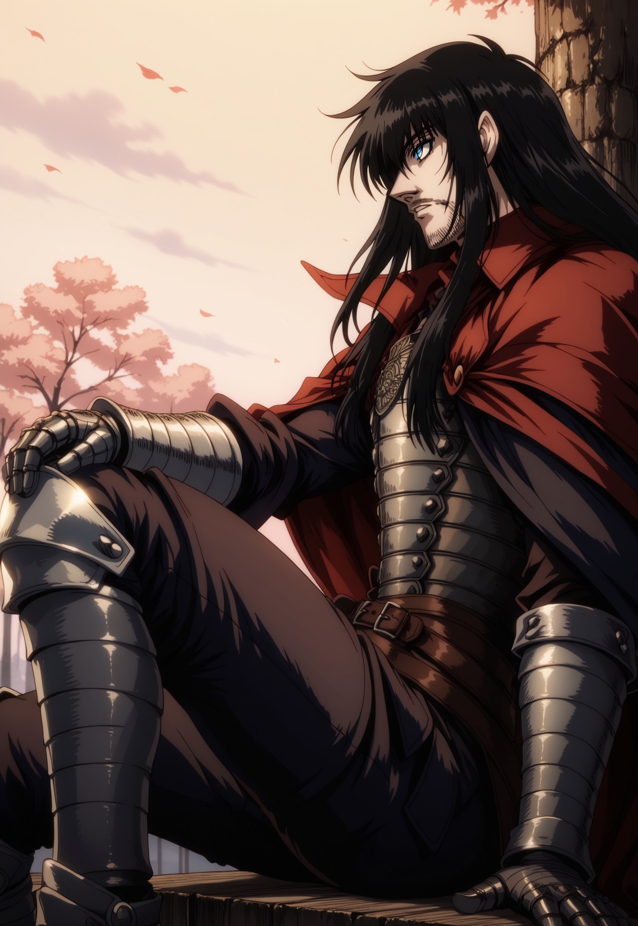 safe_pos, score_9, score_8_up, score_7_up, masterpiece, best quality, Vladcard, solo, 1boy, black hair, long hair, blue eyes, facial hair, mustache, two-tone cloak, black cape, full armor, breastplate, gauntlets, multiple belts, faulds, cuisses, greaves, sitting, under tree, dawn, muscular, from side, perspective, hellsing_ultimate_style