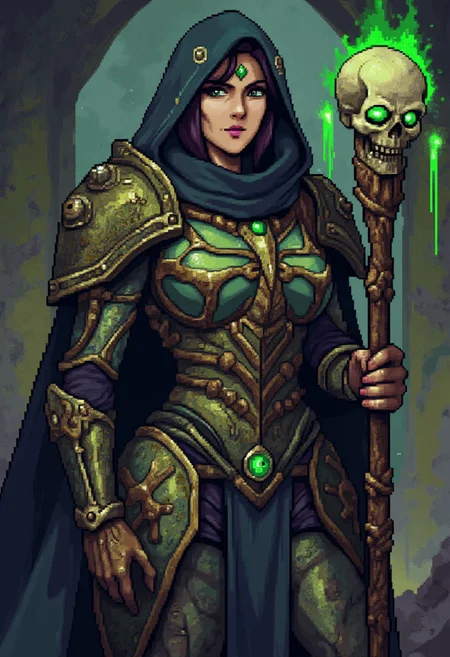 pixel art of woman as necromancer, fully covered in armour made of bone and stone, holding a wizard staff with a skull with glowing green eyes on top of it,, wearing rusty dirty-green necrotic amour, complex background, gorgeous, extremely intricate details