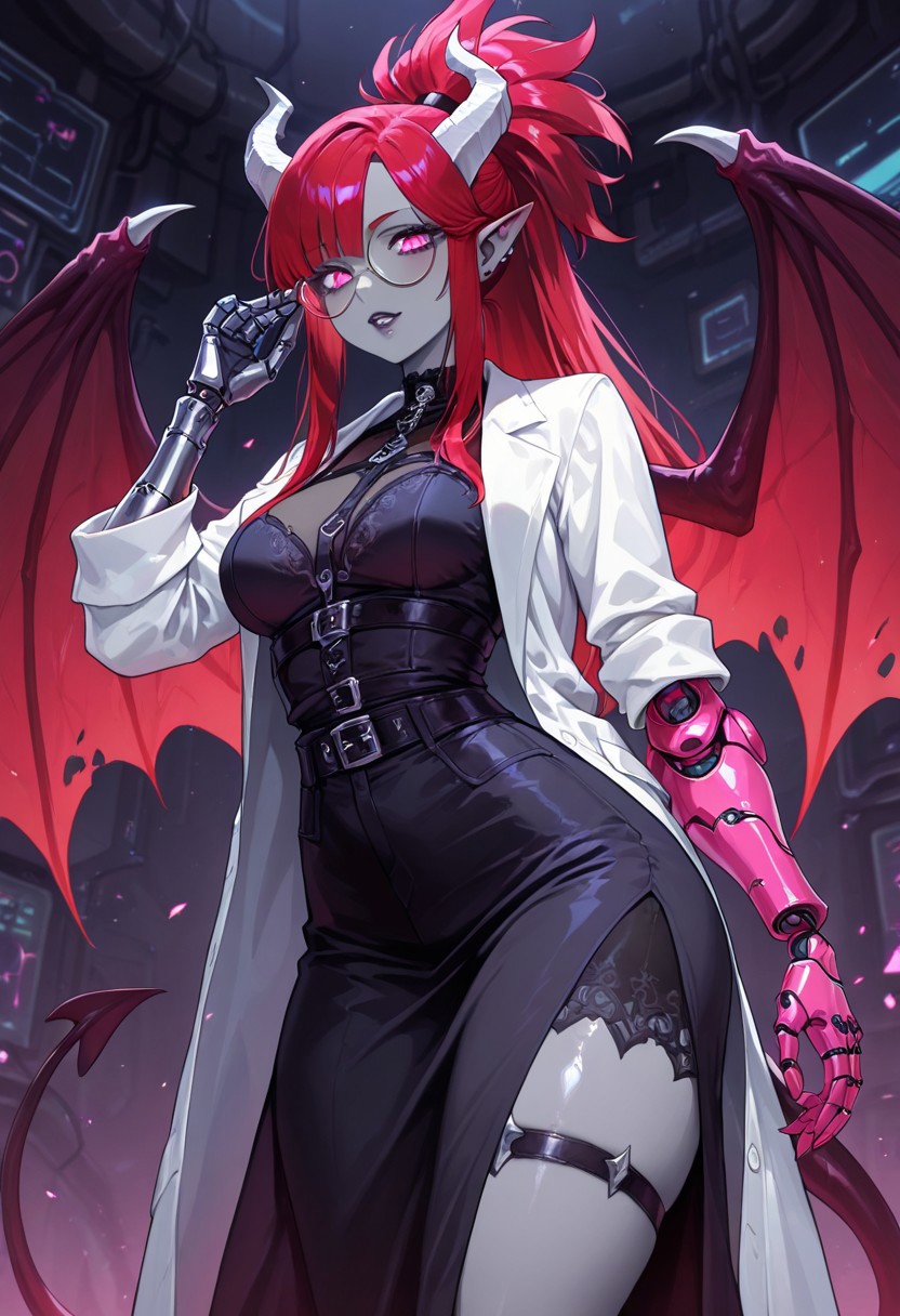 masterpiece, best quality, newest, absurdres, highres, 
HFMV1.0, 1girl, succubus, grey skin, goth, goth girl, goth makeup, grey colored skin, red hair, demon girl, horns, wings, bat wings, demon wings, red wings, lab coat, coat, single mechanical arm, glasses, round glasses, ponytail, high taied ponytail, side bangs, Oneprostethicarm, pink eyes, amputee, prosthesis, prosthetic arm, medium breasts, pointy ears,
