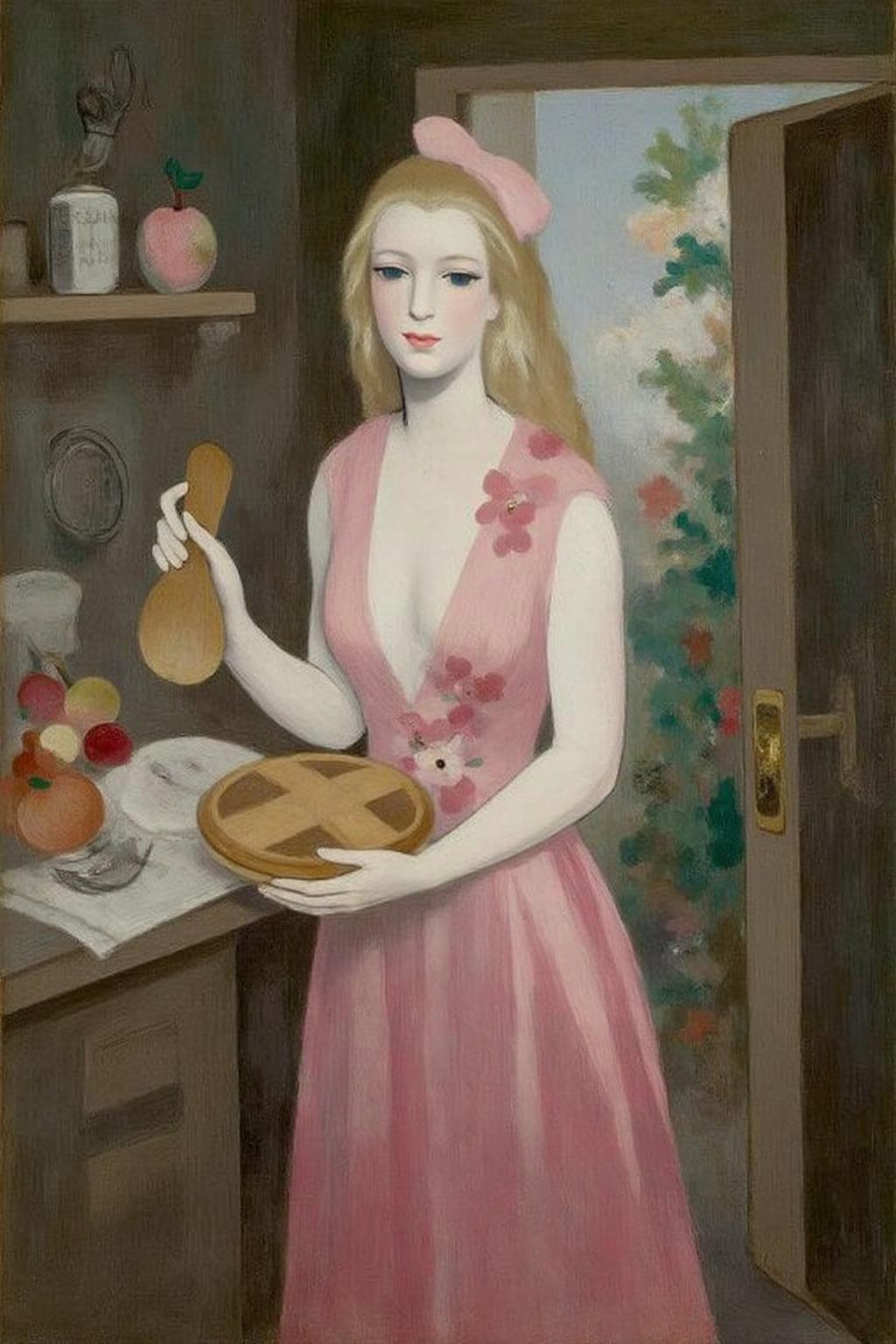 malau1 painting
Blonde woman, floral dress, baking apple pie in a rustic kitchen. The door is open and we can see her garden.  <lora:malau1_cap_d6a3e12:1.0><lora:825101821010993397:0>
