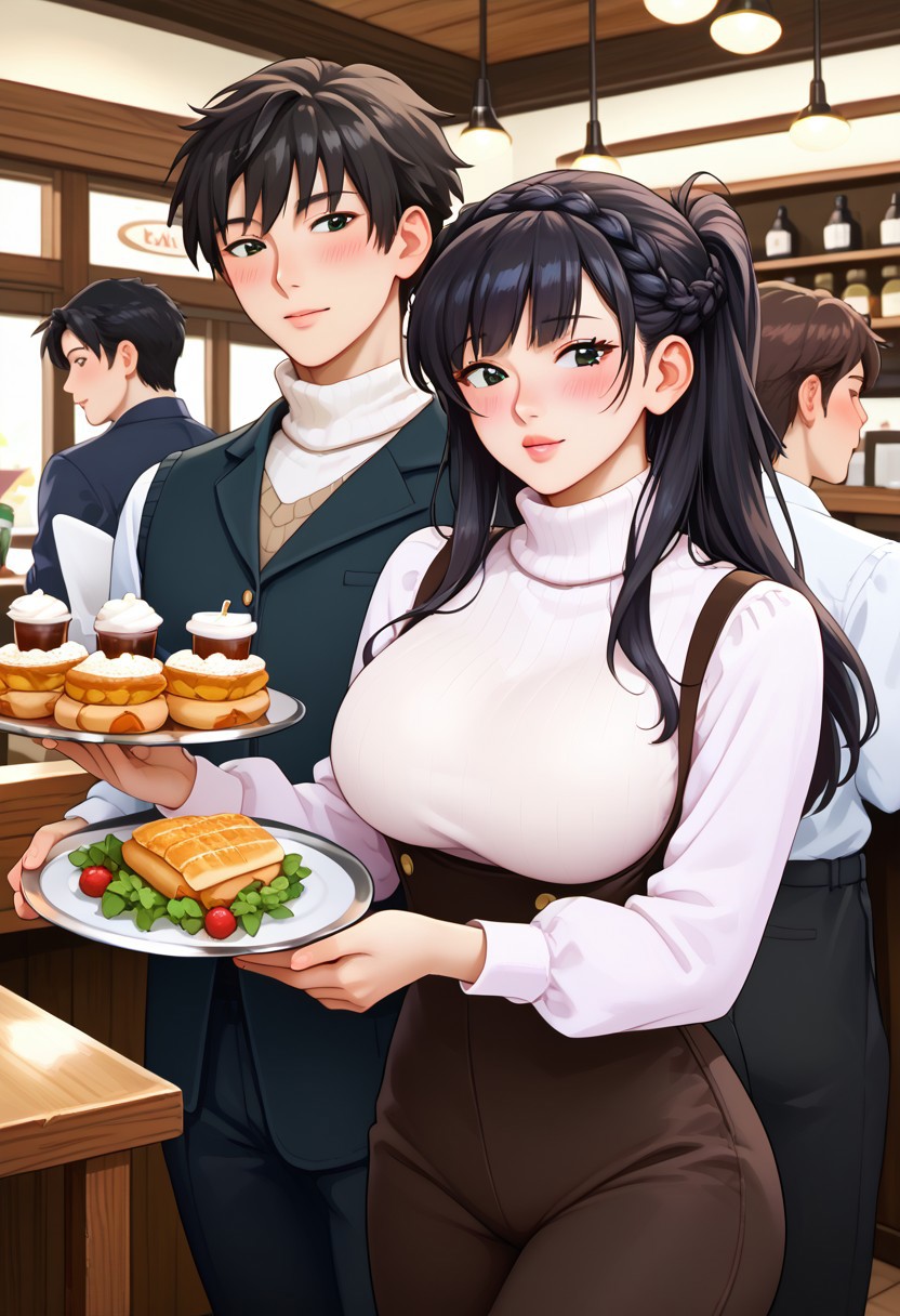 score_9, score_8_up, score_7_up, score_6_up, source_anime, 1girl, 1animal <lora:tsukaharahibiki-pdxl-nvwls-v1-000005:1> amagamiHT, black hair, french braid longhair, black eyes, big breast, proportional body, lips, blush, turtleneck shirt, black pants, as waiters, cafe, many people on backround, holding tray, bring orders