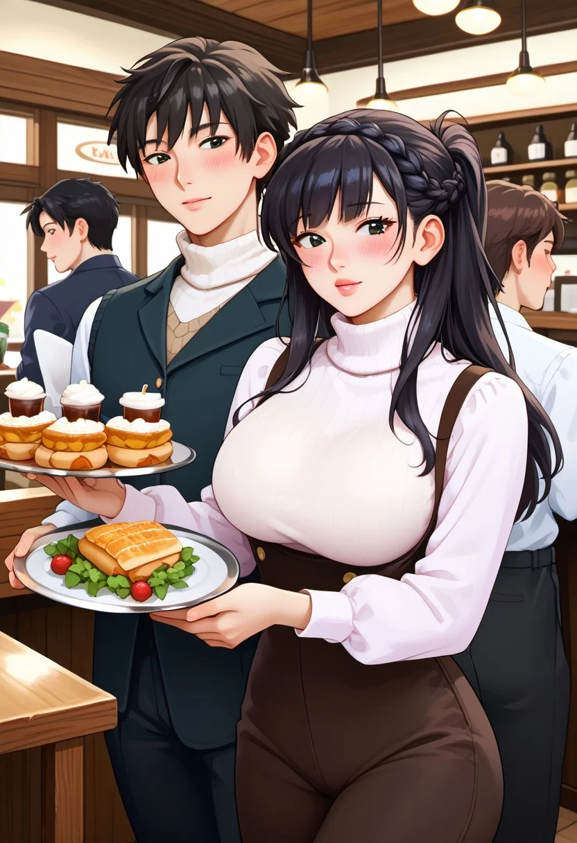 score_9, score_8_up, score_7_up, score_6_up, source_anime, 1girl, 1animal <lora:tsukaharahibiki-pdxl-nvwls-v1-000005:1> amagamiHT, black hair, french braid longhair, black eyes, big breast, proportional body, lips, blush, turtleneck shirt, black pants, as waiters, cafe, many people on backround, holding tray, bring orders