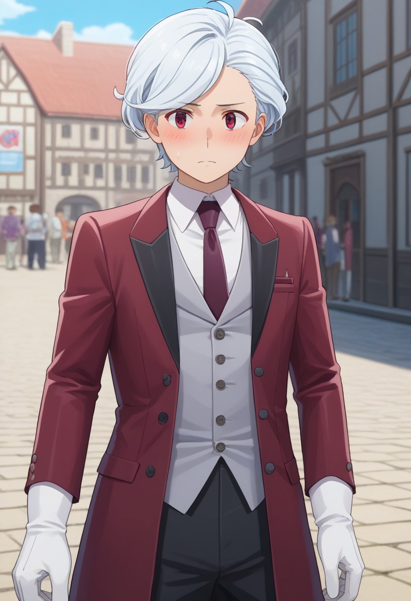 score_9, score_7_up, source_anime 
belcranel, 1boy, male focus, solo, red eyes, white hair, alternative hairstyle, butler, shirt, white shirt, collared shirt, necktie, red necktie, vest, grey vest, jacket, red jacket, gloves, white gloves, blush,
outdoor, village, medieval,