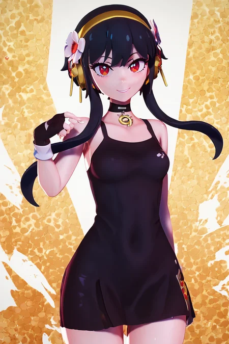 score_9, score_8_up, score_8, medium breasts, (curvy), cute, eyelashes, BREAK, , BREAK, YorForger,1girl,black hair, red eyes, short hair with long locks, gold hairband, hair flower, black choker, black dress, sleeveless, off shoulder, positive:BREAK, floral print, fingerless gloves, <lora:YorForgerXLpony004:0.8>,, <lora:Zy0n7_PDXL:1.0>, , BREAK, smile, looking at viewer, cowboy shot, embedding:zPDXL, Expressiveh, <lora:SDXLFaeTastic2400:0.5>, <lora:Expressive_H-000001:0.4>,