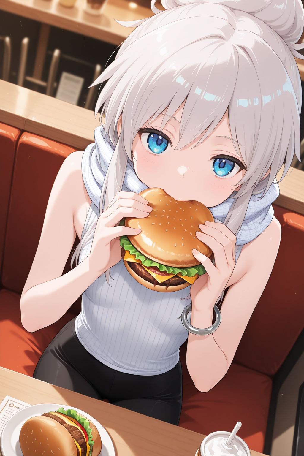 1girl,
DeuxMurasameGundamGQ, DMNormalOutfit,
general, solo, perspective, dutch angle, upper body,
grey hair, blue eyes, colored eyelashes, collarbone,
white scarf, plaid, sleeveless shirt,
white shirt, bangle, black leggings,
sitting, looking at viewer, eating, burger, 
cafe, depth of field,
<lora:kp_DeuxMurasameGundamGQIllustrious_v1_1:1.0>,
masterpiece, best quality, amazing quality