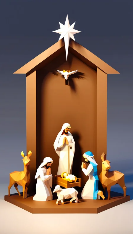 low-poly style Nativity Scene, scenery, detailed background, masterpiece, best quality, high quality, absurdres <lora:nativity_scene_xl_v1:1> . low-poly game art, polygon mesh, jagged, blocky, wireframe edges, centered composition