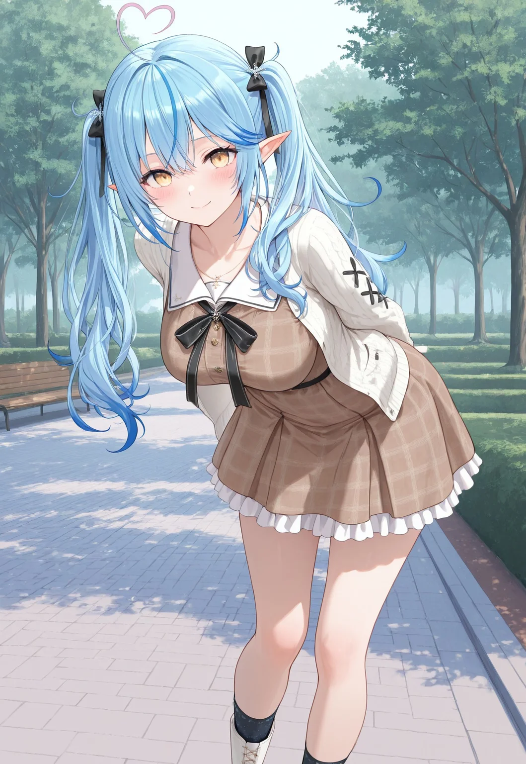 masterpiece, High quality, Ultra detailed, 2d, newest, absurdres, highres, outdoors, park, 1girl, solo, Yukihana Lamy, elf, pointy ears, blue hair, streaked hair, heart ahoge, yellow eyes, large breasts, lamycasual, long hair, twintails, hair bow, white cardigan, brown dress, plaid dress, frilled dress, black bow, black socks, white boots, leaning forward, hands behind back, smile, looking at viewer, blush,