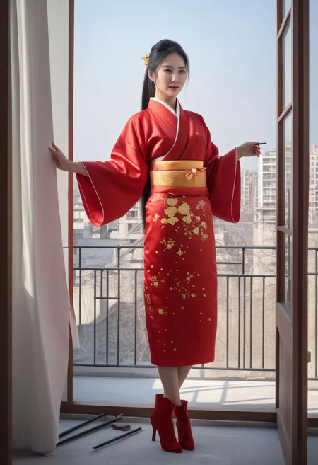 FOTOREALISTIC, long_straight black hair, beautiful chinese_lady, tall, huge_breasts, red_chinese_kimono_with_yellow_stars, apartment_under_construction, tools, building_material, background window_Beijing, sexy_red_boots, score_9, score_8_up, score_7_up, score_6_up, score_5_up, score_4_up, UHD, 8K, masterpiece, ultra-realistic, Ultra detailed photorealistic background, photoreal, realistic high detailed beautiful face, anatomic correct bodies, ultra_high_resolution, Extremely Realistic, lots of detail, full_body_visible, emty_hands, hands_hidden, high_heels.