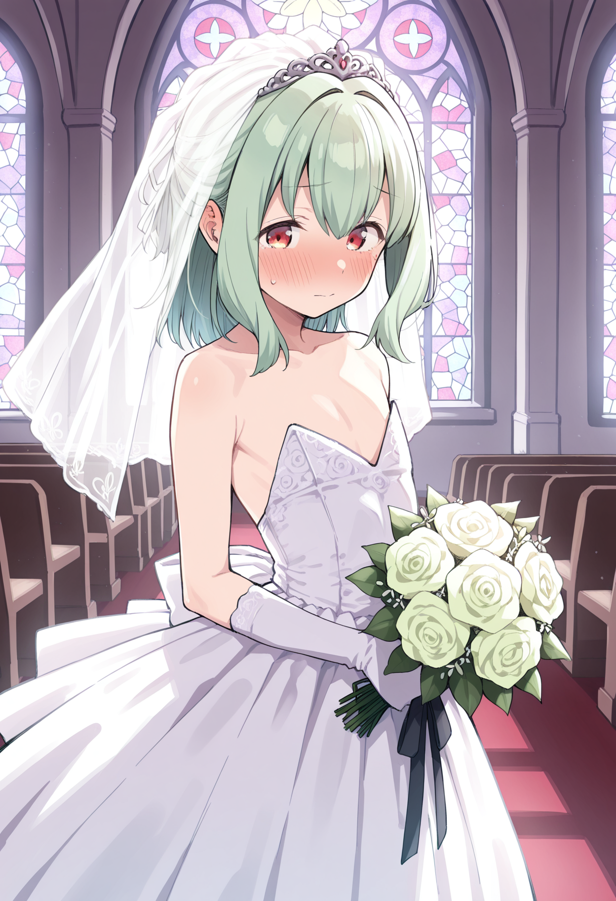 <lora:otoritanillustr:1>, 1boy, trap, side locks, medium hair, light green hair, red eyes, otoritan1, flat chest,
solo, wedding dress, bride, flower, bouquet, bridal veil, gloves, otoko no ko,
church, stained glass, standing, blush,
masterpiece,best quality,amazing quality,