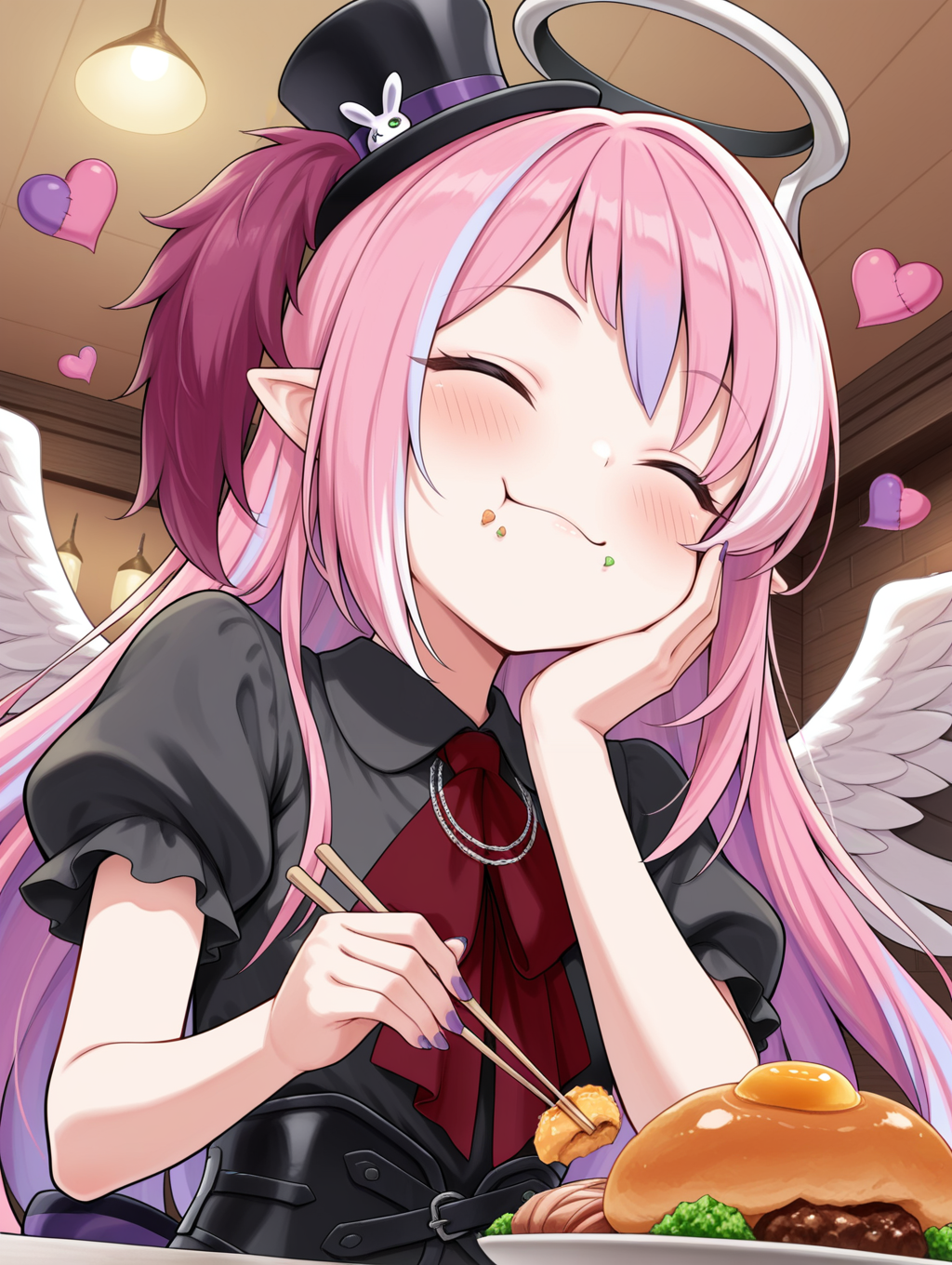 angel,ghostrick angel of mischief,1girl,solo,stitched heart,eating,blush,from below,table,hand on own cheek,holding chopsticks,smile,upper body,purple nails,closed mouth,black mini top hat,black layered dress,red ascot,black corset,cafe,food on face,
masterpiece,best quality,amazing quality,very aesthetic,absurdres,newest,<lora:Ghostrick Angel of Mischief illusXL v1:0.75>,heart-shaped pillow,