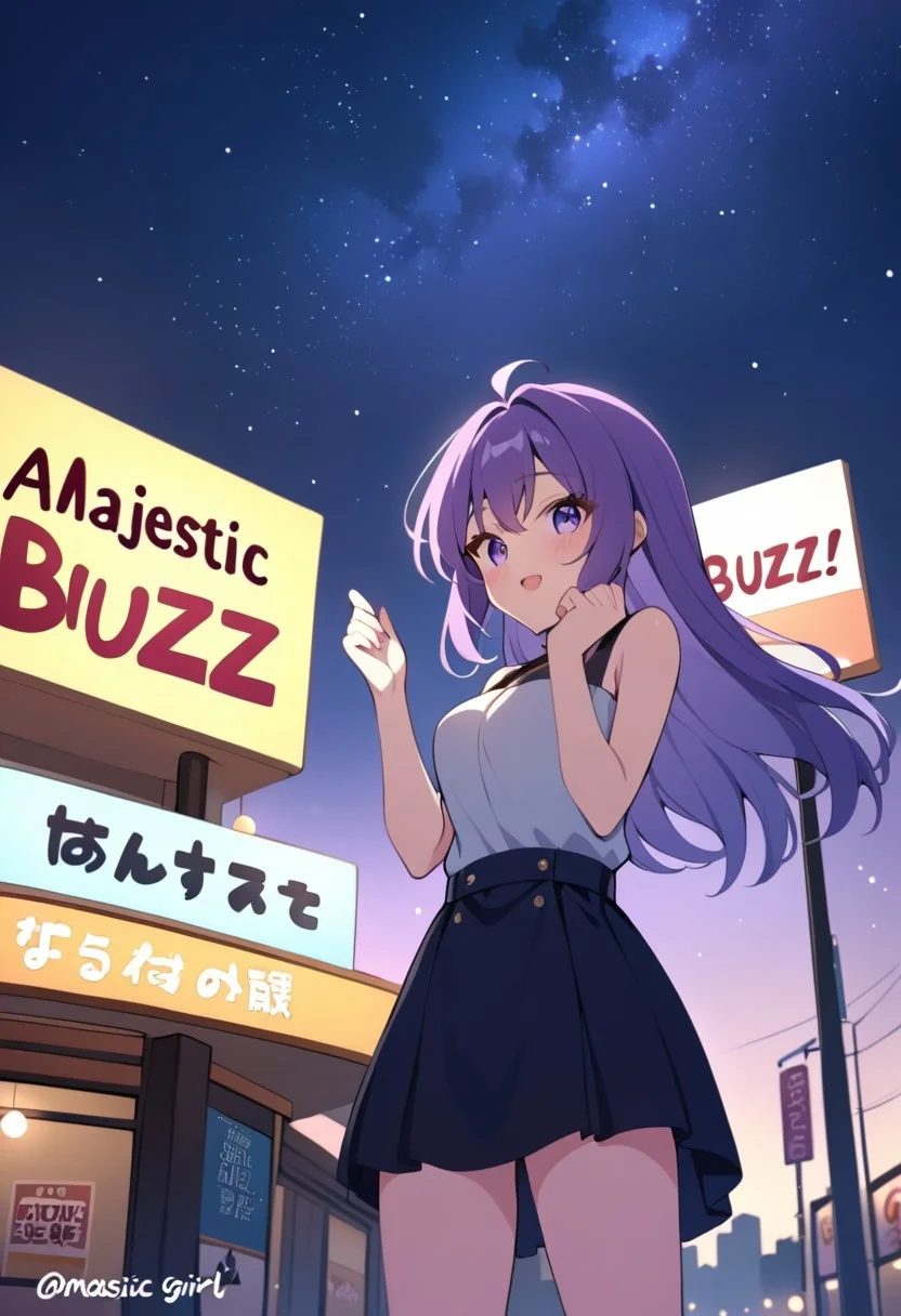 buzz, sign, sign on sky, a sign with text "Buzz!", purple hair, majestic girl, nighttime, sky, stars